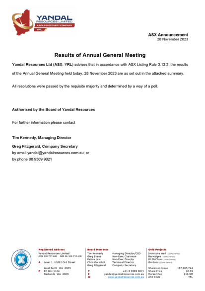 ASX:YRL - Results of Meeting
