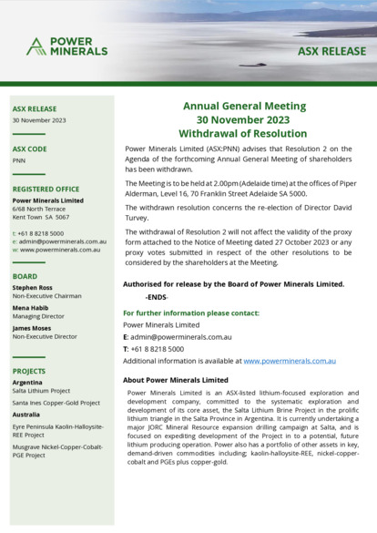ASX:PNN - AGM Notice of Withdrawal of Resolution