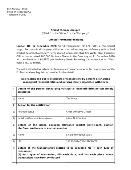LSE:STX - Shield Therapeutics - Director/PDMR Shareholding