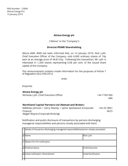 LSE:REE - Altona Energy PLC - Director/PDMR Shareholding