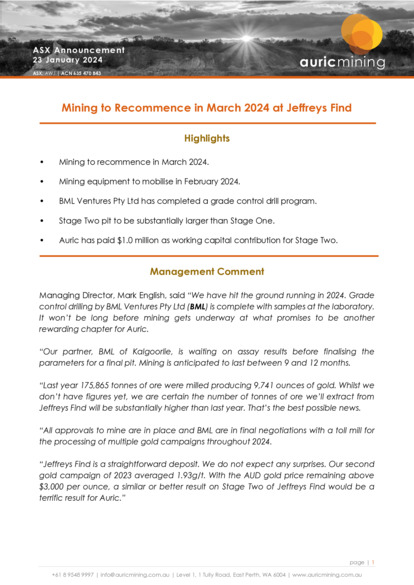 ASX:AWJ - Gold Mining to Recommence at Jeffreys Find