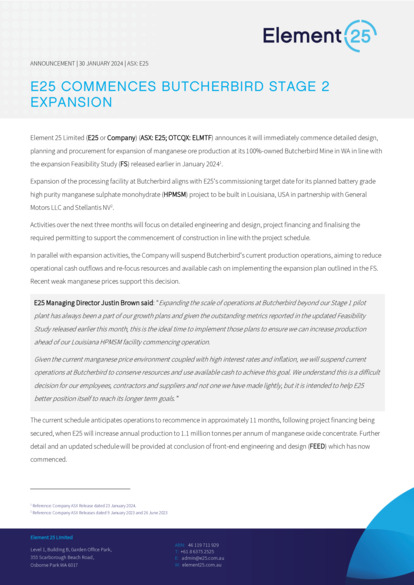 ASX:E25 - Element 25 Commences Butcherbird Stage 2 Expansion