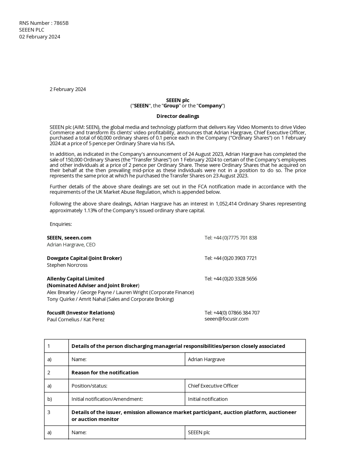 LSE:SEEN - SEEEN PLC - Director dealings