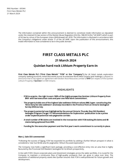 LSE:FCM - First Class Metals - Quinlan hard rock Lithium Property Earn-In