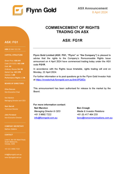 ASX:FG1 - Commencement of Rights Trading on ASX