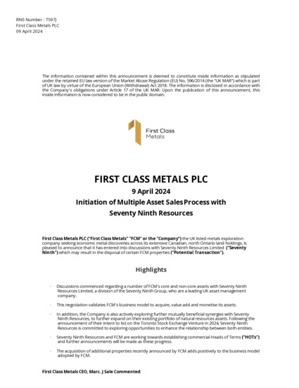 LSE:FCM - First Class Metals - Initiation of Multiple Asset Sales Process