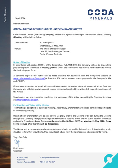 ASX:COD - Letter to Shareholders - Notice of General Meeting