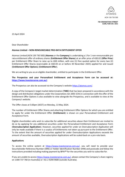 ASX:AMS - Entitlement Offer Letter to Eligible Shareholders