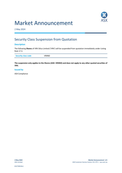 ASX:VRX - Security Class Suspension from Quotation