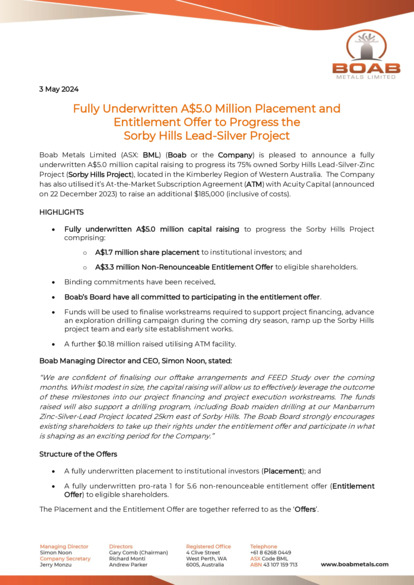 ASX:BML - Fully Underwritten $5m Placement and Entitlement Offer