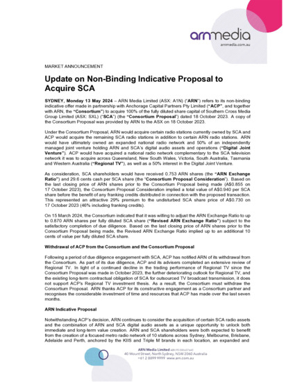 ASX:A1N - Update on Non-Binding Indicative Proposal to Acquire SCA