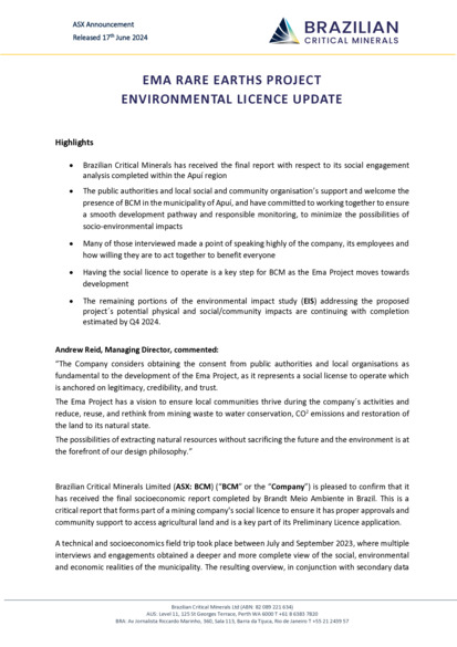 ASX:BCM - Environmental License Update
