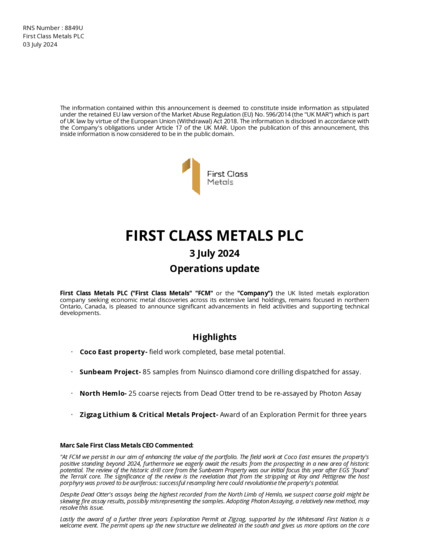 LSE:FCM - First Class Metals - Operations update