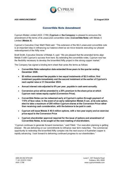 ASX:CYM - Convertible Note Amendment
