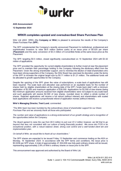 ASX:WRK - Wrkr Completes Upsized and Oversubscribed SPP
