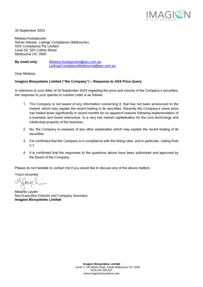 ASX:IBX - Response to ASX Price Query