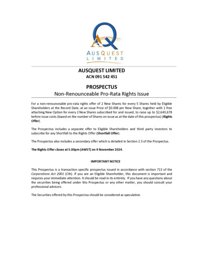 ASX:AQD - Prospectus - Non-Renounceable Pro-Rata Rights Issue