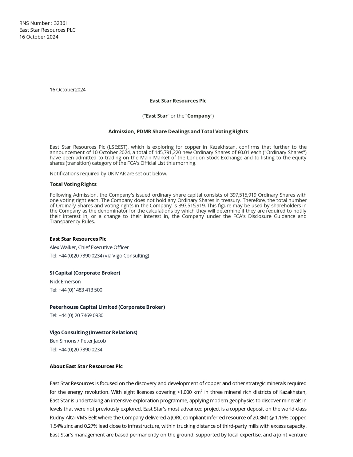 LSE:EST - East Star Resources - Admission, PDMR Share Dealings & TVR