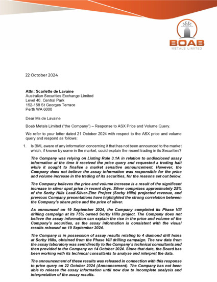 ASX:BML - Response to ASX Price Query