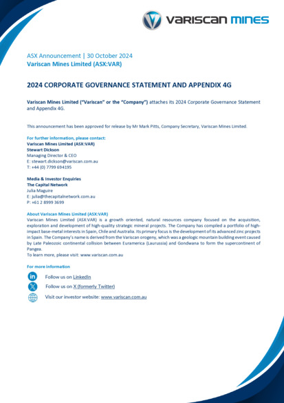 ASX:VAR - Corporate Governance Statement & Appendix 4G