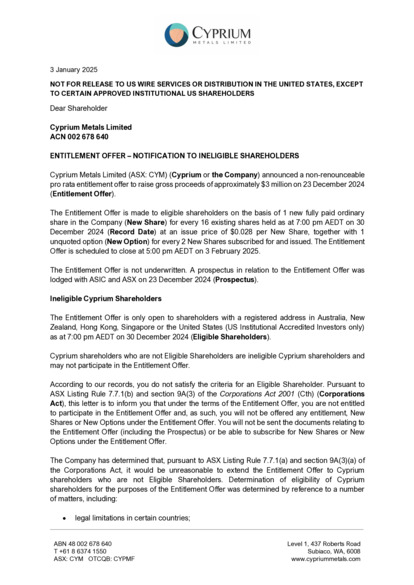ASX:CYM - Letter to Ineligible Shareholders