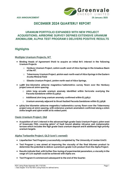 ASX:GRV - Quarterly Activities/Appendix 5B Cash Flow Report