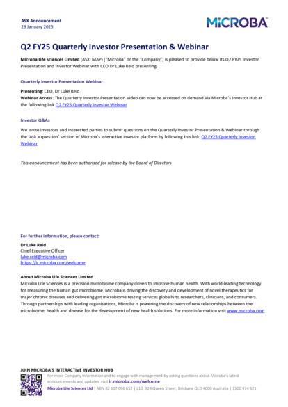 ASX:MAP - Q2 FY25 Quarterly Investor Presentation & Webinar