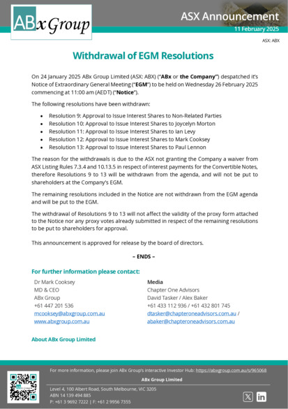 ASX:ABX - Withdrawal of EGM Resolutions