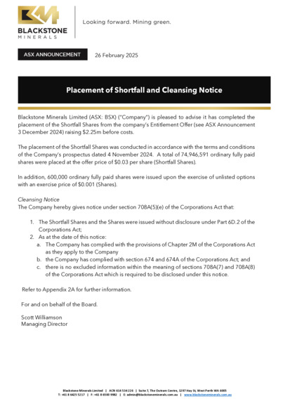 ASX:BSX - Placement of Shortfall and Cleansing Notice