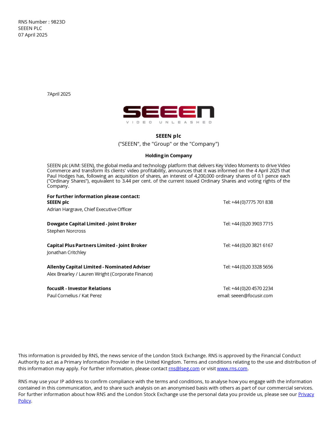 LSE:SEEN - SEEEN PLC - Holding(s) in Company
