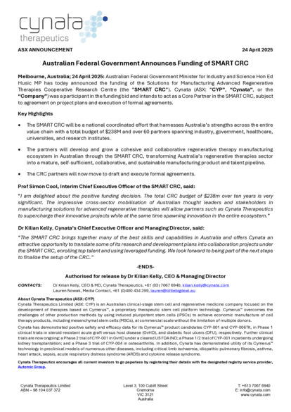 ASX:CYP - Australian Federal Government Announces Funding of SMART CRC
