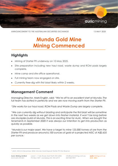 ASX:AWJ - Mining Commences at Munda Gold Mine