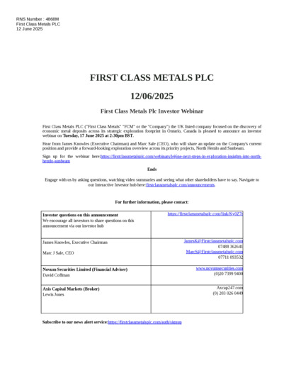 LSE:FCM - First Class Metals - First Class Metals Plc Investor Webinar