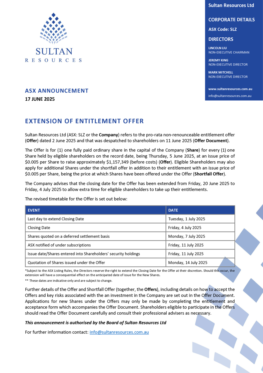ASX:SLZ - Extension of Entitlement Offer