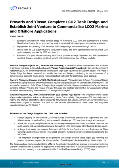 ASX:PV1 - LCO2 Design Milestone and Yinson Joint Venture