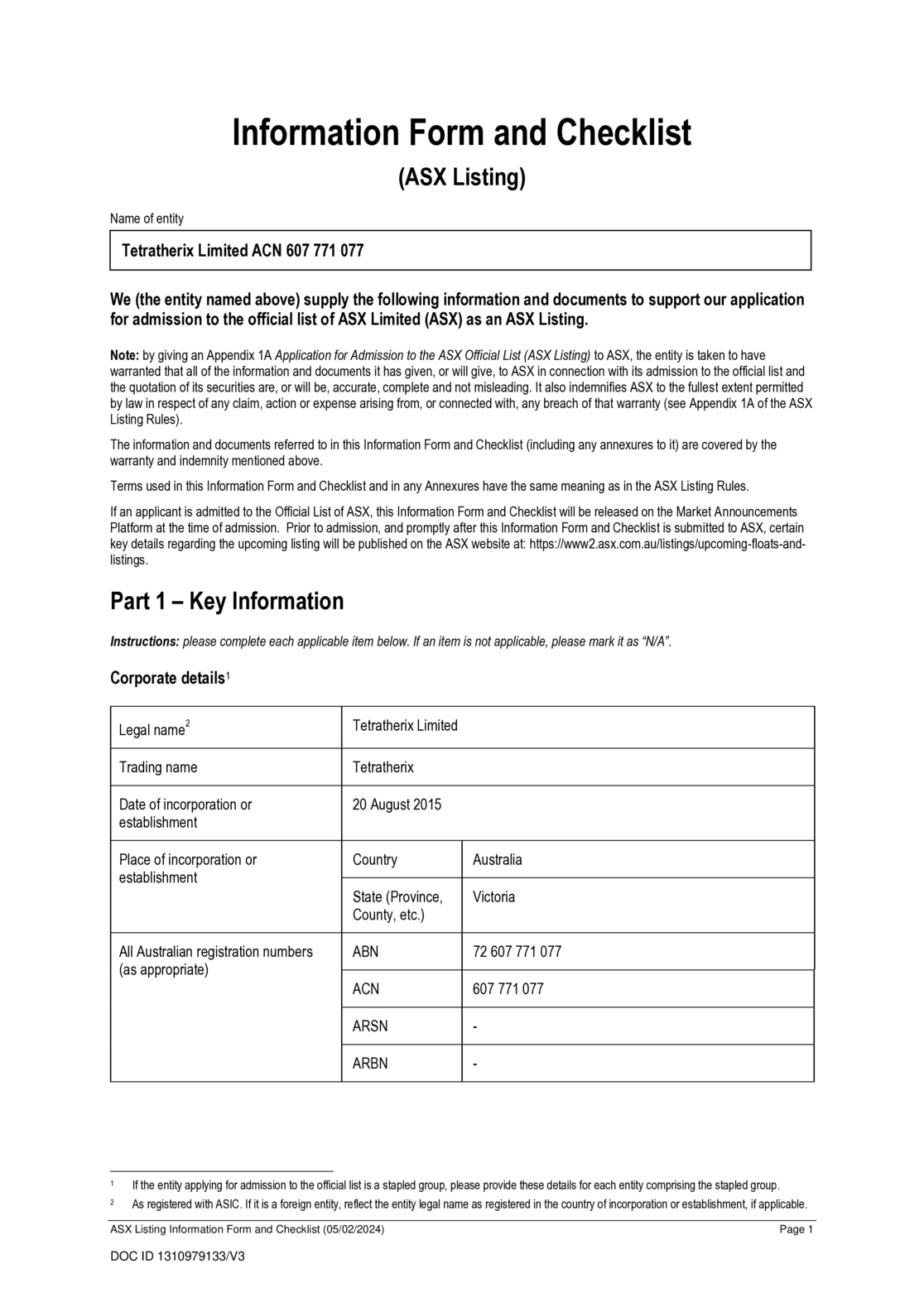 ASX:TTX - Information Form and Checklist