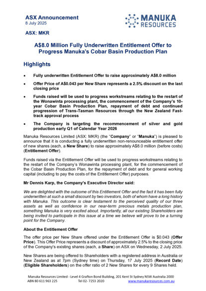 ASX:MKR - $8 Million Fully Underwritten Entitlement Offer