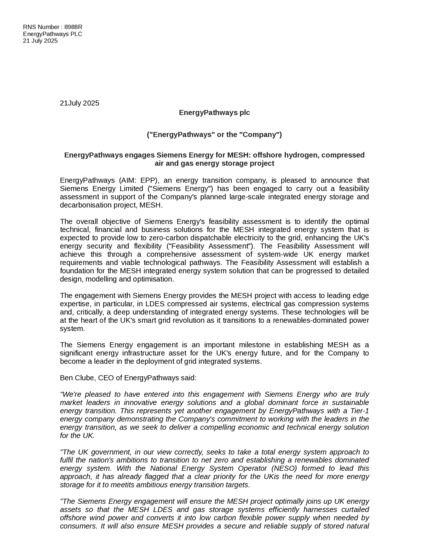 LSE:EPP - EnergyPathways PLC - EnergyPathways Engages Siemens Energy ...