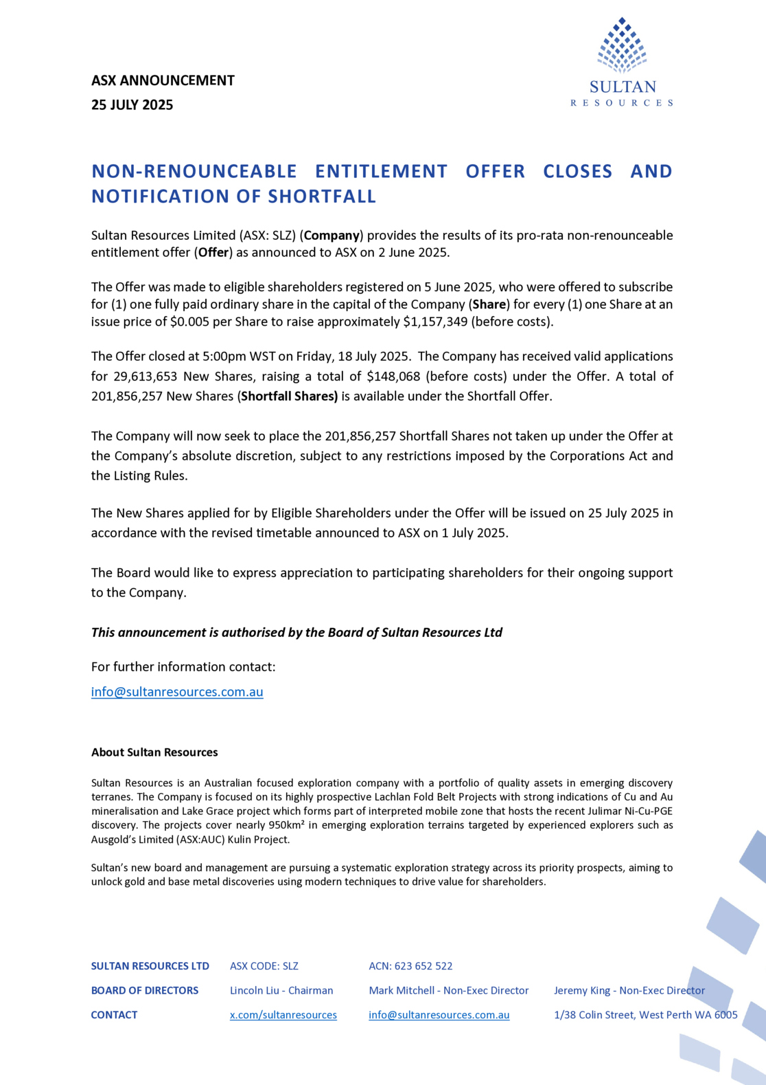 ASX:SLZ - Completion of Rights Issue and Shortfall Notification