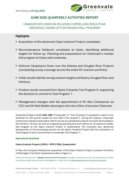 ASX:GRV - Quarterly Activities/Appendix 5B Cash Flow Report