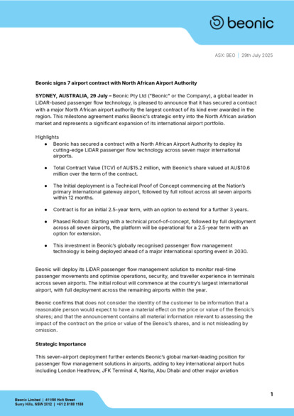 ASX:BEO - Seven Airport Contract with North African Airport Authority