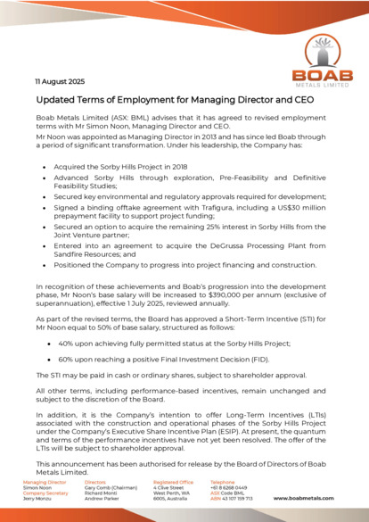 ASX:BML - Updated Terms of Employment for Managing Director and CEO