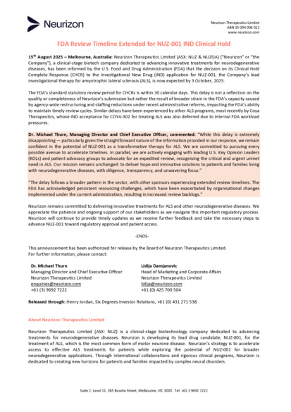 ASX:NUZ - FDA Review Timeline Extended for NUZ-001 IND Clinical Hold