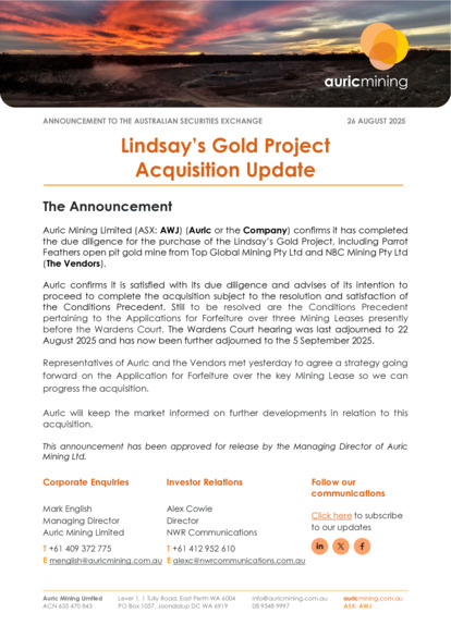 ASX:AWJ - Lindsays Gold Project Acquisition Update