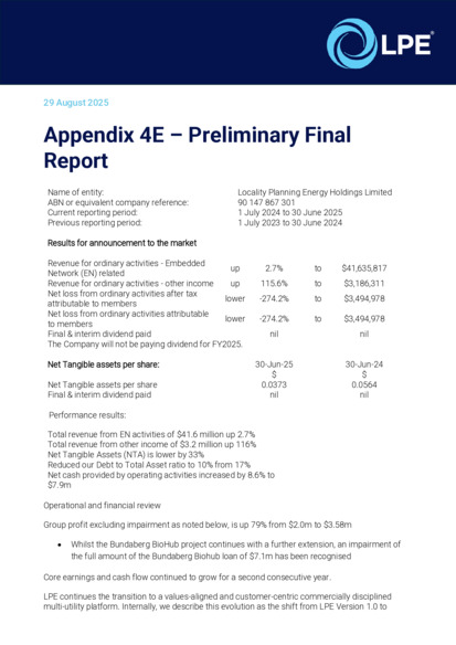 ASX:LPE - Appendix 4E - Preliminary Final Report