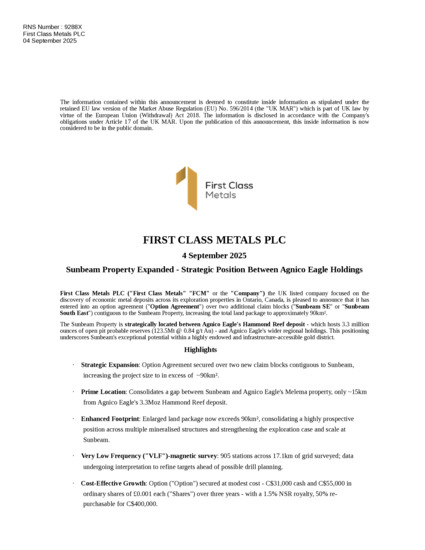LSE:FCM - First Class Metals - Sunbeam Property Expansion