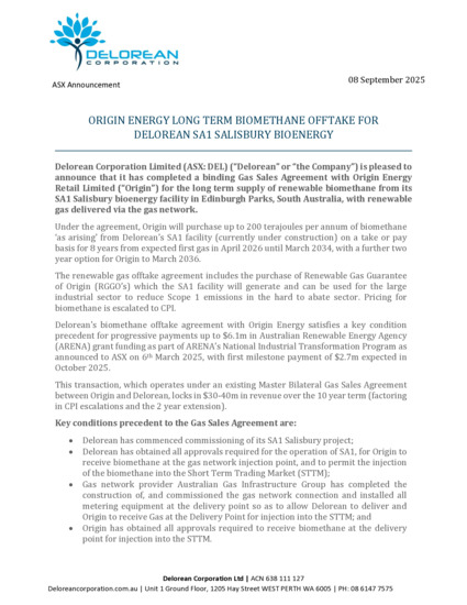 ASX:DEL - Origin Energy Long Term Biomethane Offtake Agreement for SA1