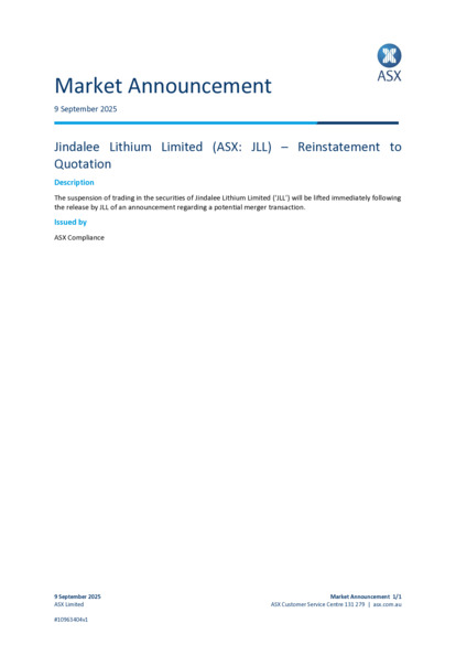 ASX:JLL - Reinstatement to Official Quotation