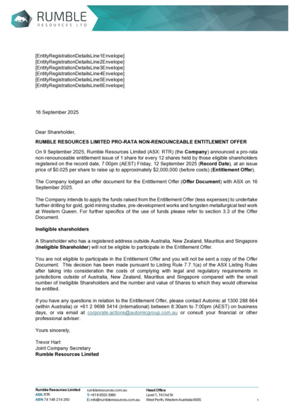 ASX:RTR - Letter to Ineligible Shareholders