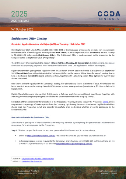 ASX:COD - Entitlement Offer Closing